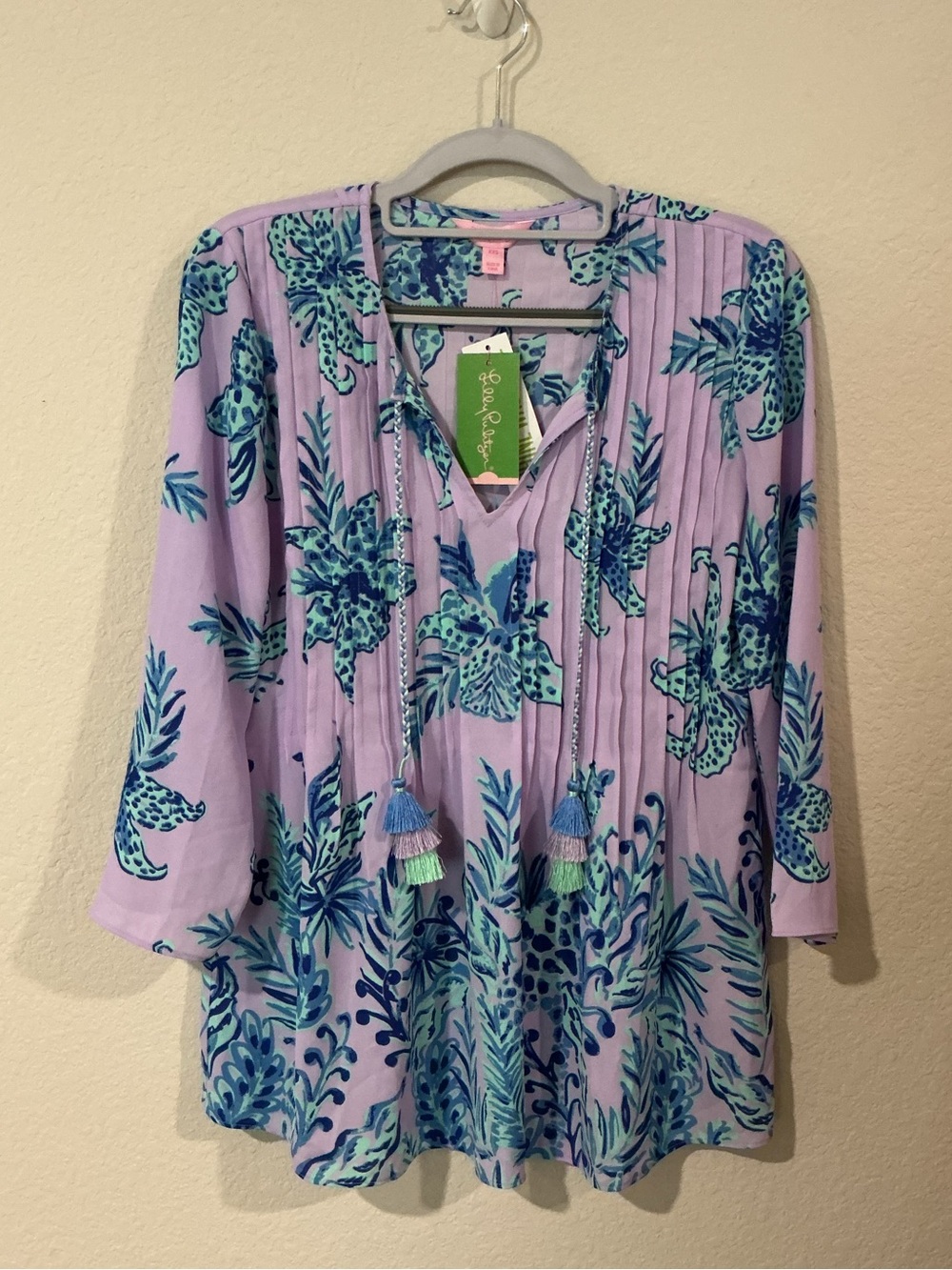 Lilly Pulitzer Lavender Tunic with Blue-Green Floral Print and Tassels